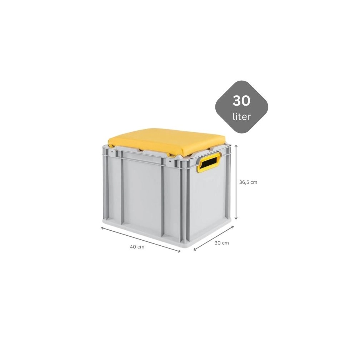 Eurobox NextGen Sitzbox, gelbes Kissen, 30 Liter. Aufbewahrungsbox, Transportbox, Stapelbox.