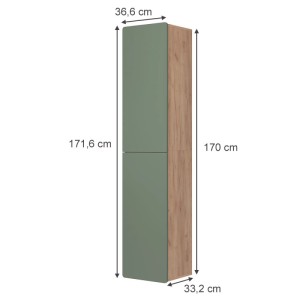 Vicco Hochschrank Izan in Grün/Goldkraft Eiche, 37x172 cm. Badregal mit zwei Fächern.