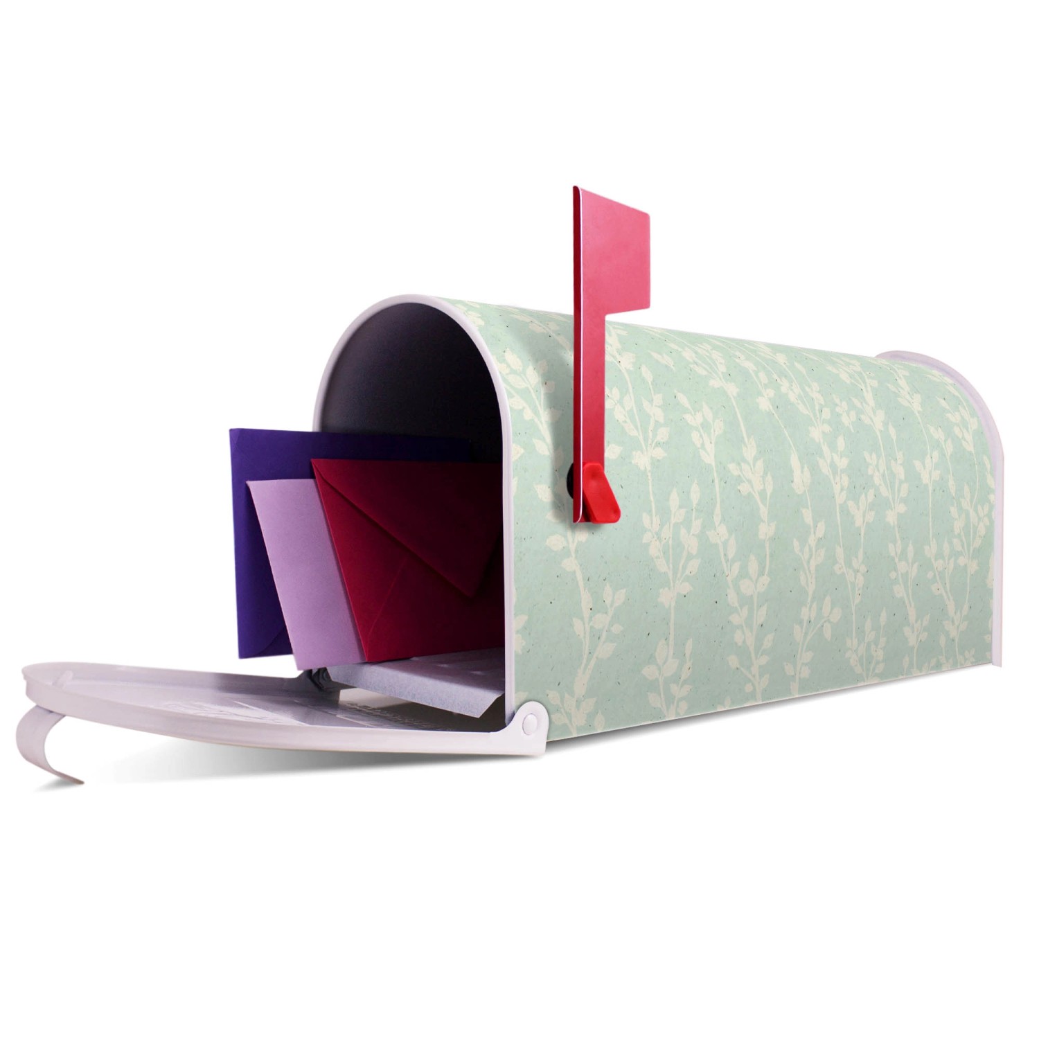 Weißer Banjado US Briefkasten mit Rankenmuster, geöffnet mit Briefen und roter Fahne.