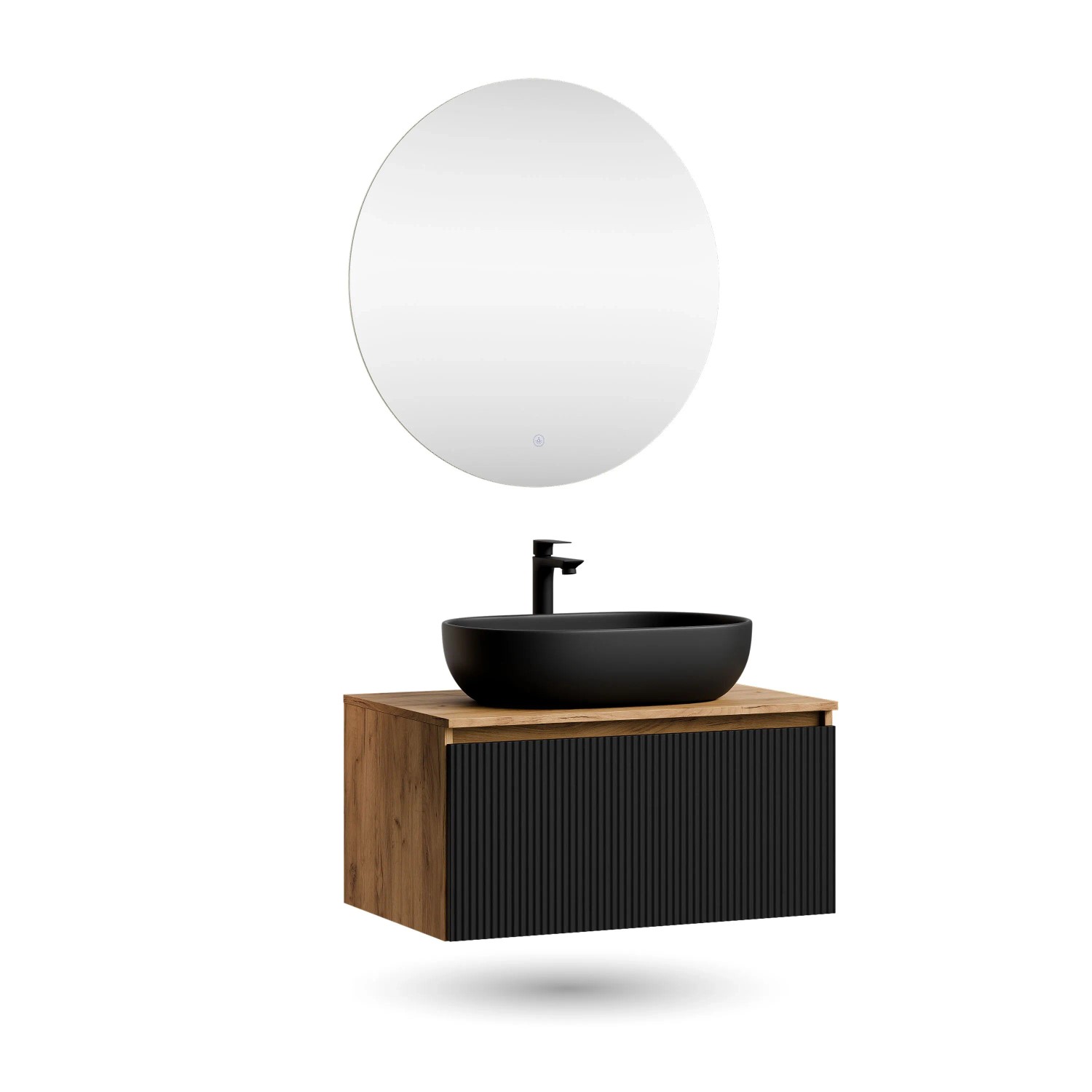 Planetmöbel ARISA Badmöbel Set 80 cm Schwarz Matt Geriffelt mit Aufsatzwaschbecken 60 cm Schwarz und NOVA LED Spiegel 80 cm Dimmbar Soft Close