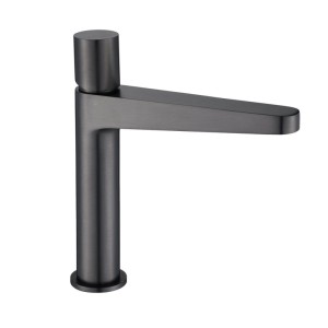 Bernstein Waschtischarmatur Gunmetal: Moderne Badarmatur, dunkelgrau gebürstet, mit flachem Auslauf.
