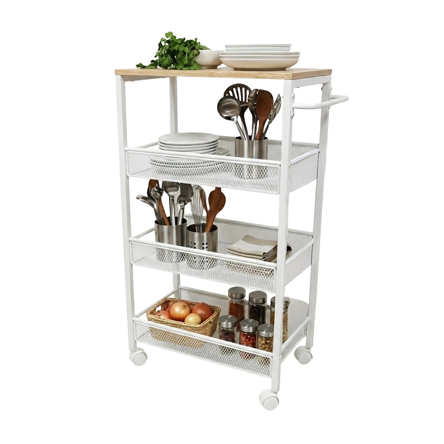 Relaxdays Nischenwagen Metall Hellbraun Weiß 4 Ebenen Mit Rollen 77 cm x 22 cm x 45 cm