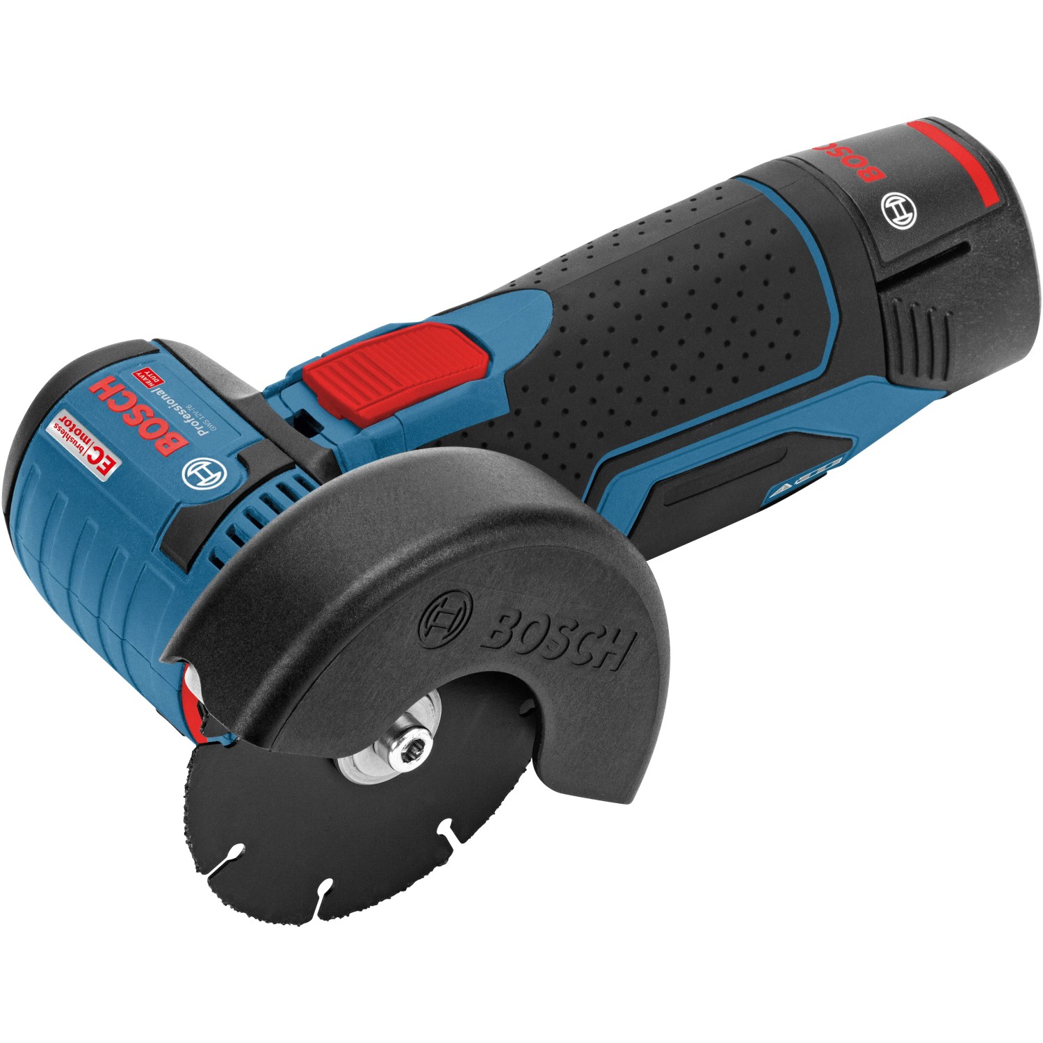 Bosch Professional Akku-Winkelschleifer GWS 12V-76 mit Trennscheibe und Akkus in L-Boxx.
