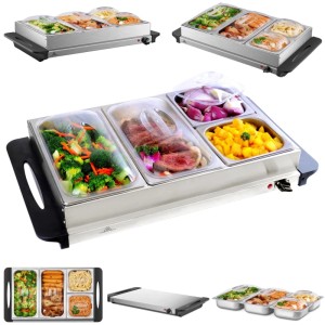 Steinborg Buffetwärmer mit 4 Edelstahl-Behältern und Acrylglasdeckel, 300W Leistung.