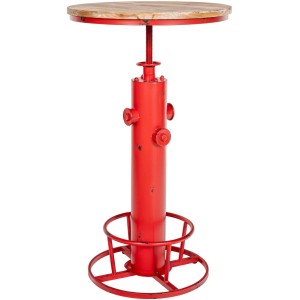 Roter höhenverstellbarer Stehtisch Ruhr aus Metall mit runder Holzplatte im Industrial-Look.