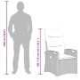 Schwarzer, verstellbarer vidaXL Gartenstuhl aus Poly-Rattan mit Klapptisch und Maßangaben.