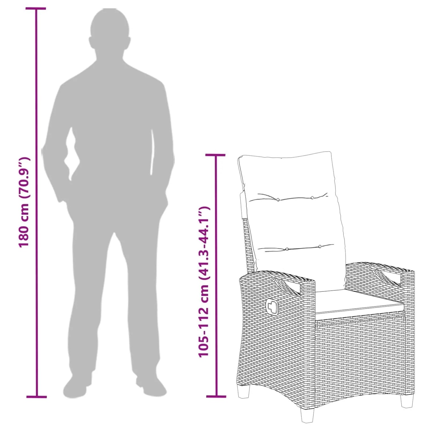 Schwarzer, verstellbarer vidaXL Gartenstuhl aus Poly-Rattan mit Klapptisch und Maßangaben.