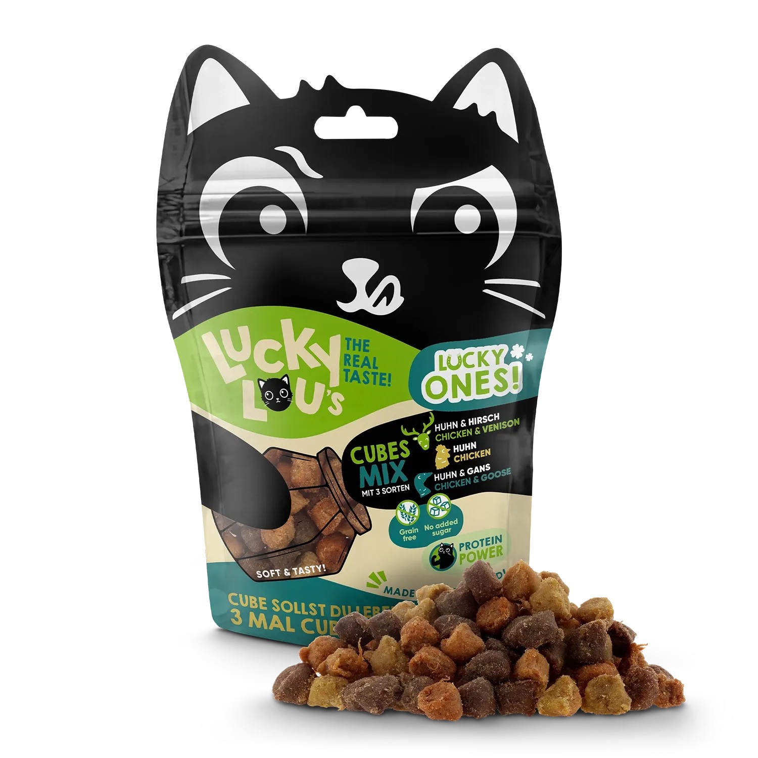 Lucky Lou Katzen-Trockenfutter Cubes Mixpack, 80g. Katzensnack mit Huhn, Hirsch und Gans. Getreidefrei.