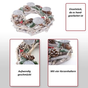 Runder Adventskranz aus Holz (Ø 35cm) mit 4 Kerzenhaltern, geschmückt mit Zapfen und Grün.