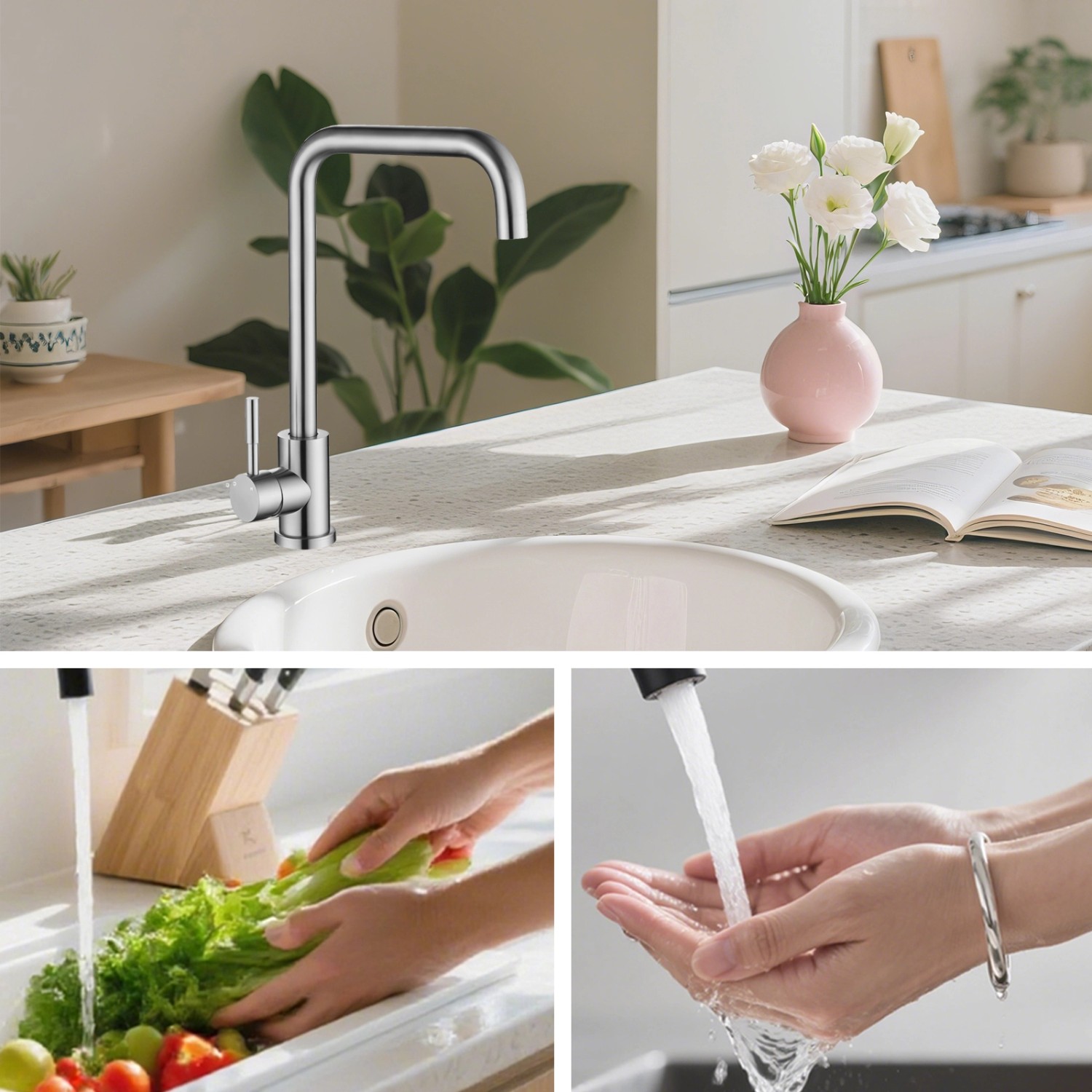 AICA Wasserhahn 360° Drehbare Wassersparende Silber Küchenarmatur Hochdruckfestes Design aus 304 Edelstahl Gefertigt Kaltes/Warmes Wasser_3