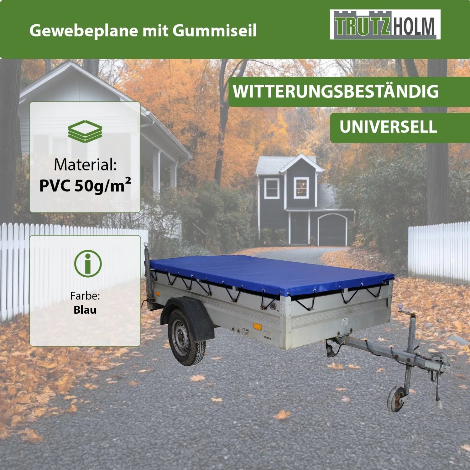 TRUTZHOLM Anhänger Flachplane Blau mit Gummigurt 2575x1345x100mm und 3 Alu Bügel 1000 bis 1450mm