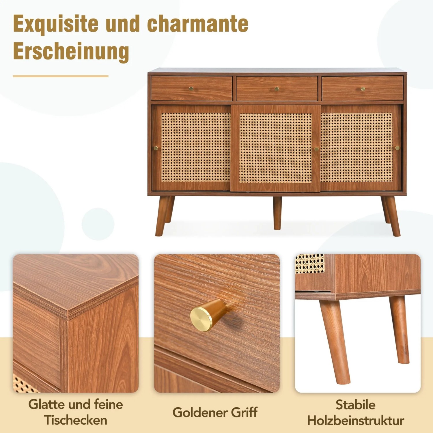 Merax Sideboard 120x40x78 cm Nussbaum Rattan 3 Schubladen 3 Schiebetüren_7