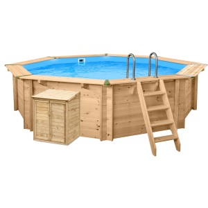 Interline Pumpenhaus Java Universal aus Holz neben Pool mit Leiter. Technikraum für Pooltechnik.