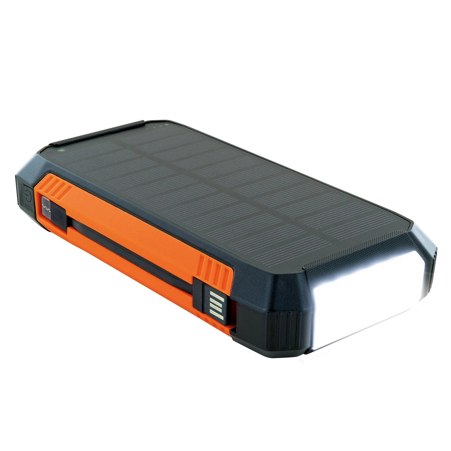 Schwaiger Solar-Powerbank mit Solarpanel, USB-Anschluss und integrierter Taschenlampe.