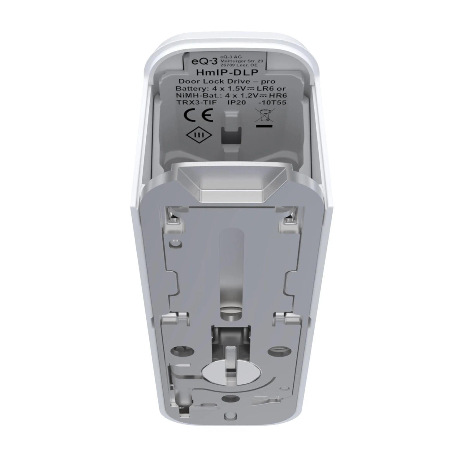 Homematic IP Türschlossantrieb pro, weiße Gehäuseunterseite mit Metallelementen.