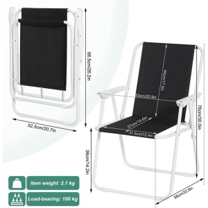 2er Set: Schwarze WOLTU Campingstühle, faltbar mit weißem Gestell und Maßangaben.