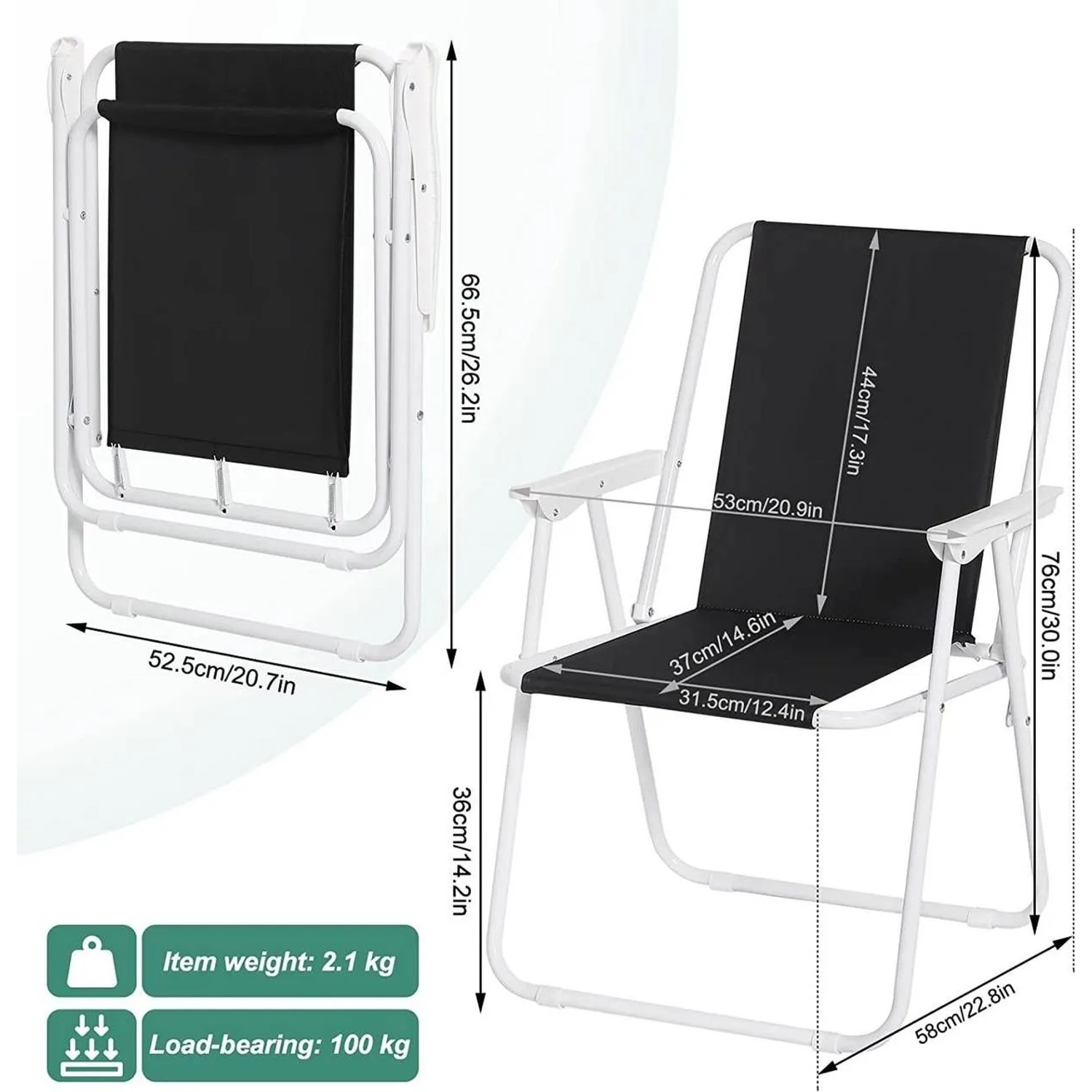 2er Set: Schwarze WOLTU Campingstühle, faltbar mit weißem Gestell und Maßangaben.