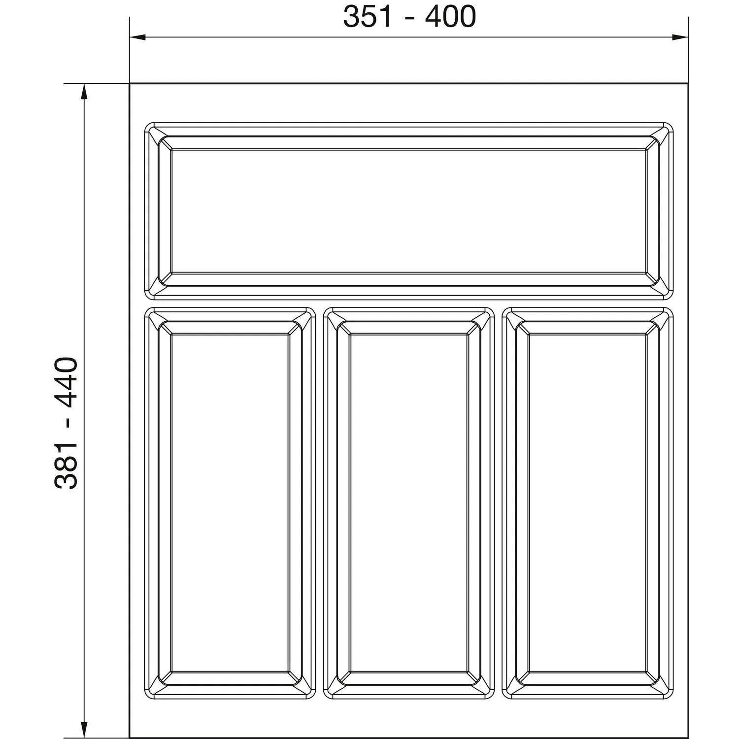 Agoform Besteckeinsatz Classico, technische Zeichnung. Kürzbarer Besteckkasten mit vier Fächern, Maße 351-400x381-440mm für Schubladen.