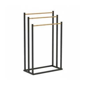 Relaxdays Handtuchständer Eisen Bambus Schwarz Freistehend mit 3 Stangen 76 cm x 45 cm x 21,5 cm