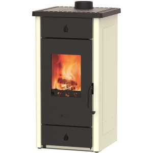 Wamsler Luke Kaminofen, Stahl weiß-glänzend, 8 kW, mit Kochplatte und Holzfeuer.