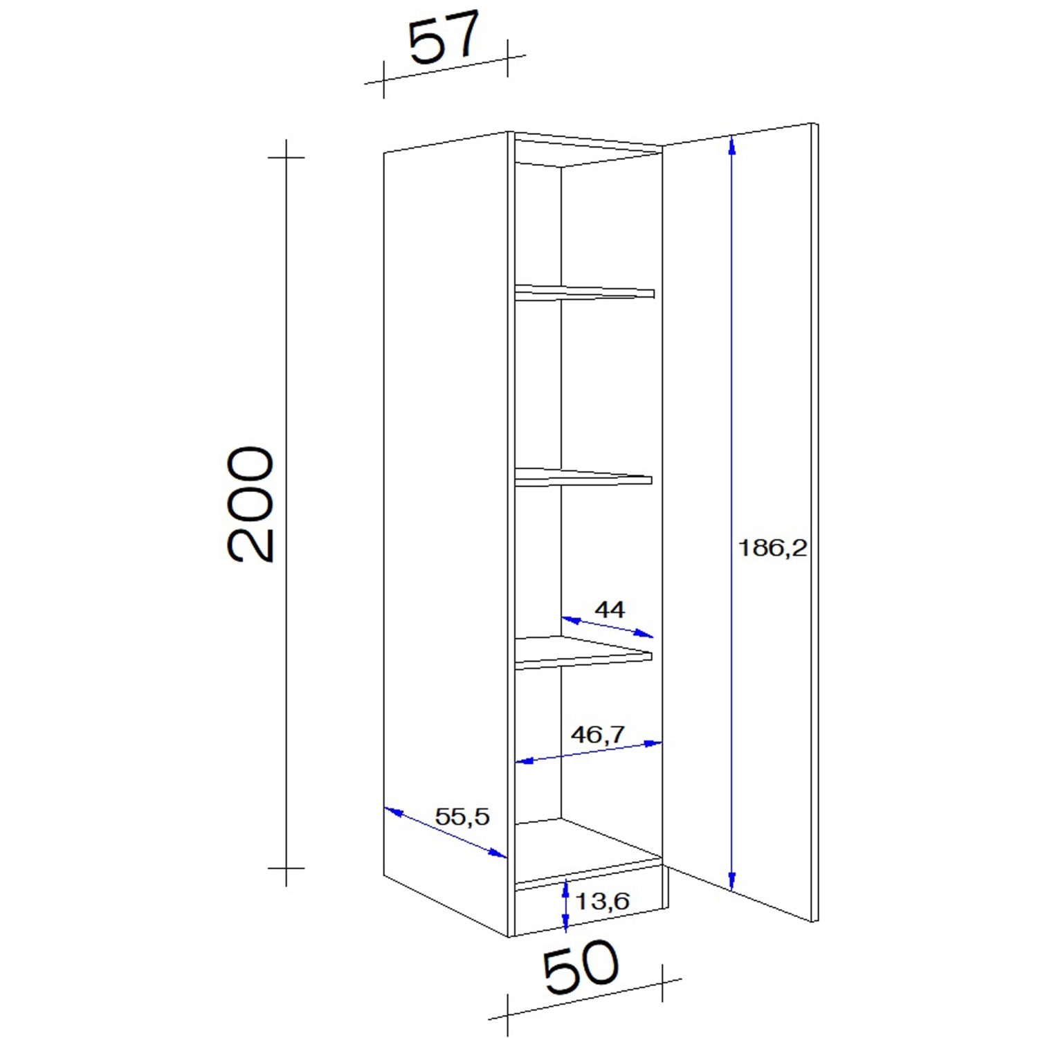 Technische Zeichnung: Flex-Well Exclusiv Geschirrschrank Cara, 50 cm, Schilfgrün/Artisan Eiche, mit Maßen.