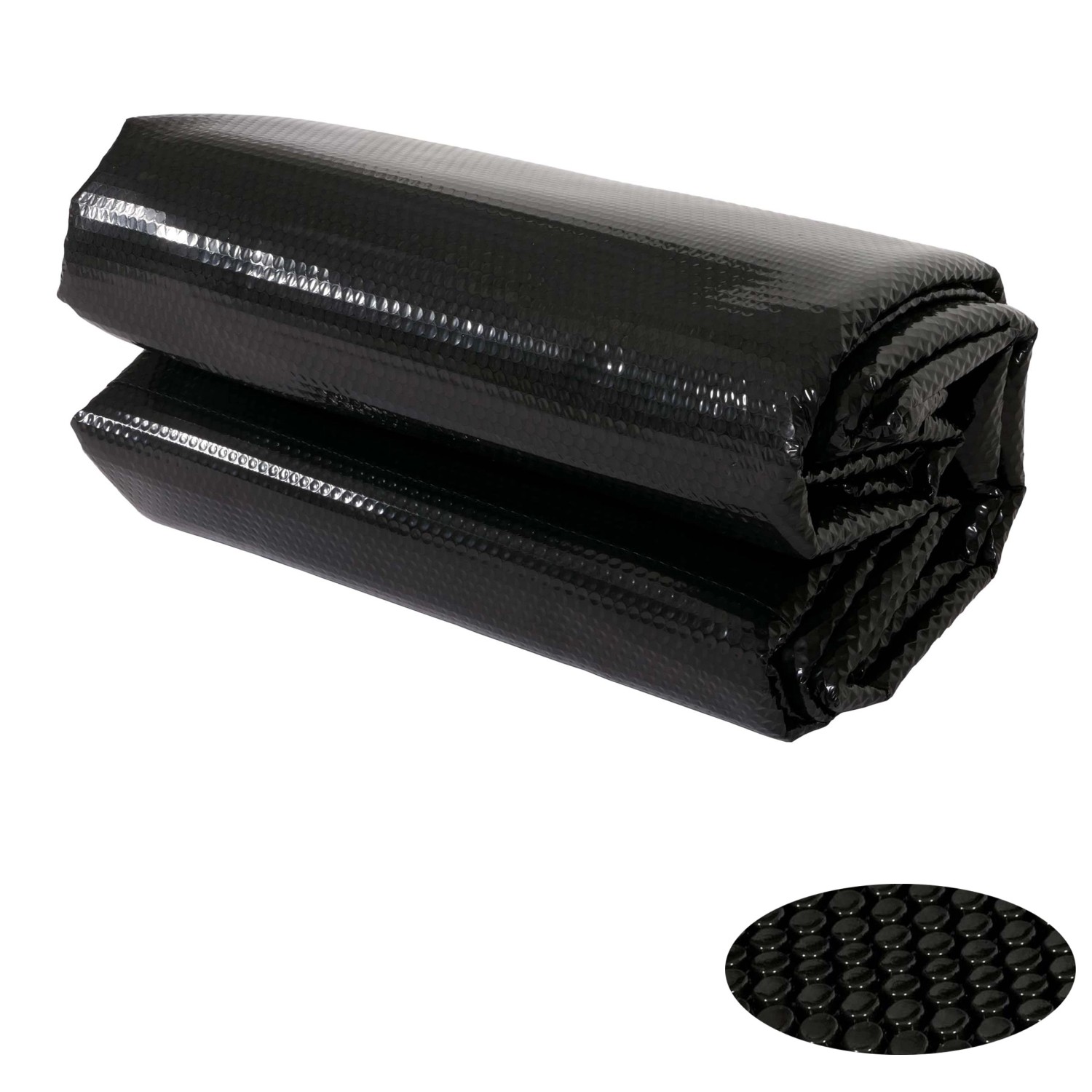 Gerollte, schwarze MCW Pool-Abdeckung 400µm Oval 7,31x3,65m. Solarplane für ovale Pools.