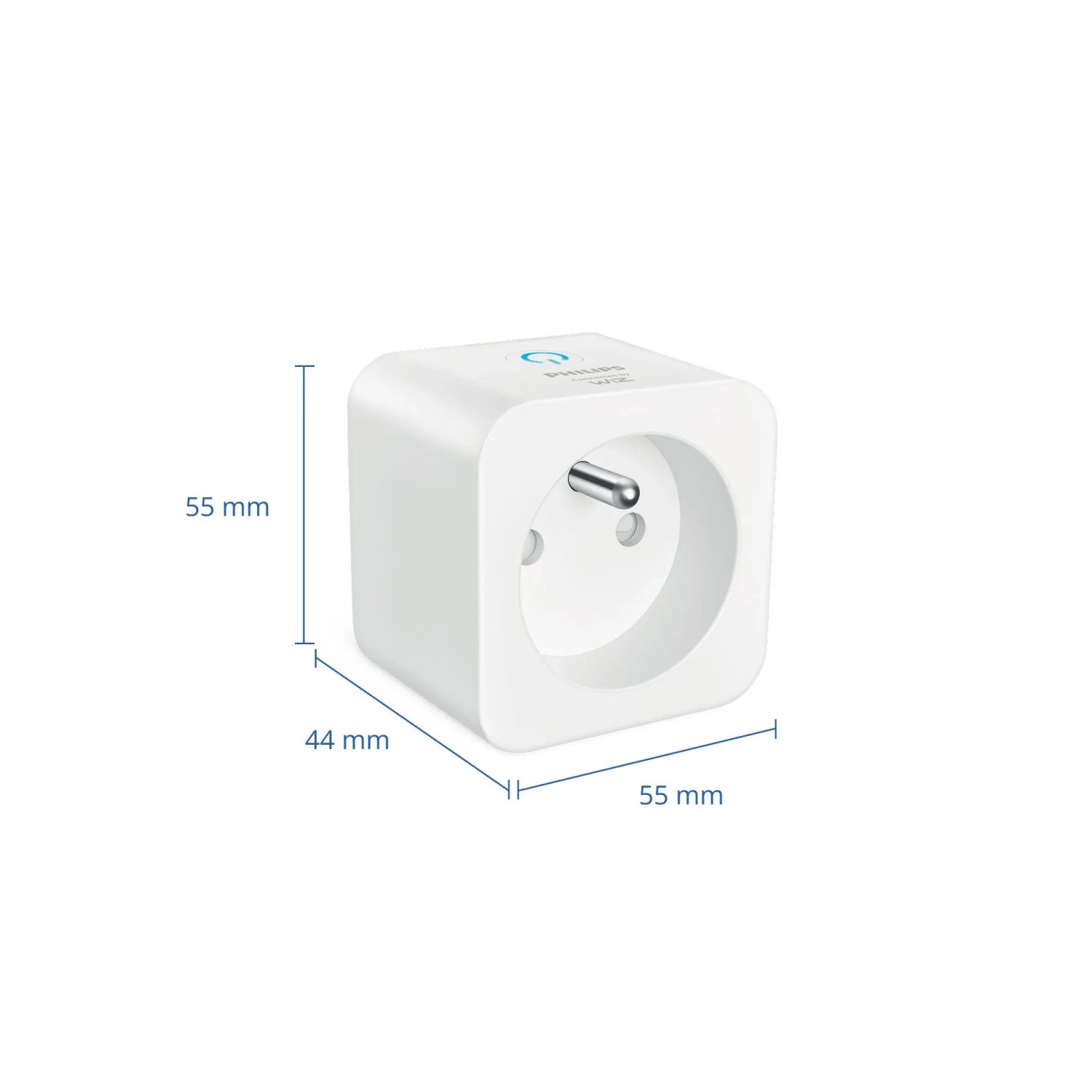 Weiße Philips Smart Steckdose Typ E mit Matter-Unterstützung und WiZ-Logo, Maße 55x44x55 mm für Smart Home.