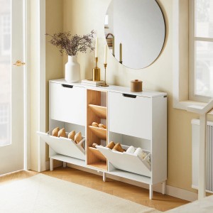 SoBuy Schuhschrank FSR183-WN mit 4 Klappen, Schuhkipper, schmal, weiß und Bambusfarben.