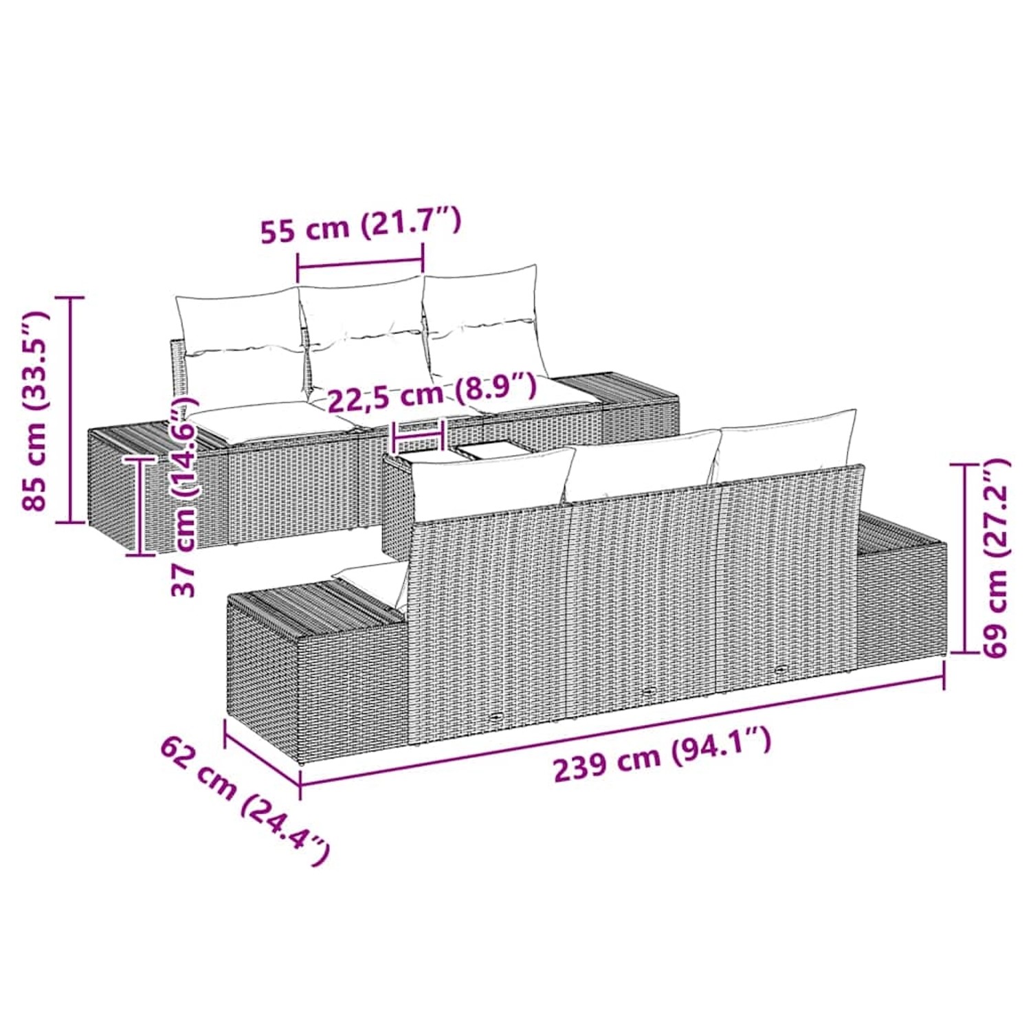 vidaXL Gartenmöbel-Set, 7-teilig, beige Poly Rattan, mit Maßangaben.