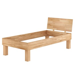 Hohes Seniorenbett aus heller Buche Massivholz, 100x200 cm, mit Kopfteil. Stabiler Bettrahmen für komfortables Aufstehen.