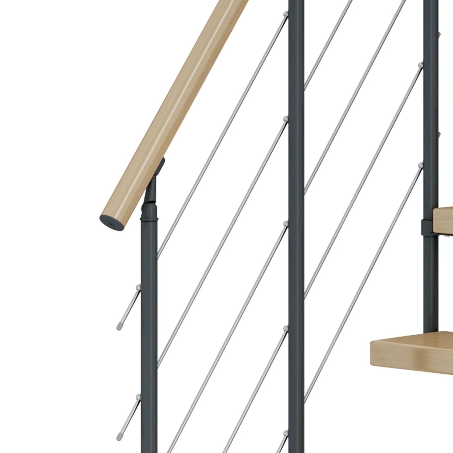 Detailansicht Dolle Mittelholmtreppe Dublin Ahorn/Anthrazit mit Edelstahlgeländer.