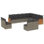 Graue 12-tlg. vidaXL Garten-Sofagarnitur aus Polyrattan mit dunklen Kissen.