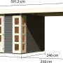 Karibu Holz-Gartenhaus Sölve terragrau mit Flachdach und Anbau, Maße siehe Grafik.