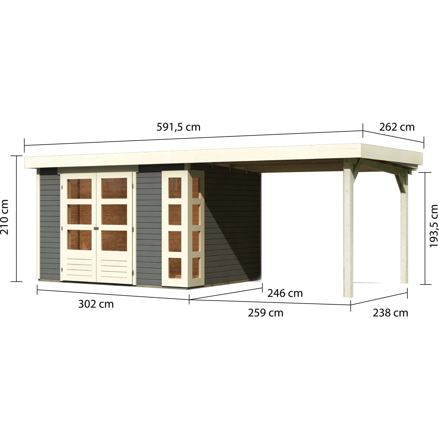 Karibu Holz-Gartenhaus Sölve terragrau mit Flachdach und Anbau, Maße siehe Grafik.
