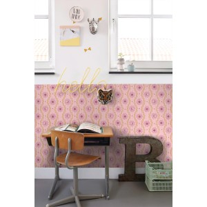 ESTAhome Vliestapete mit Retro-Ornamenten in Lila, Rosa und Gelb. Dekoratives Sonnen-Mond-Muster für Wände.