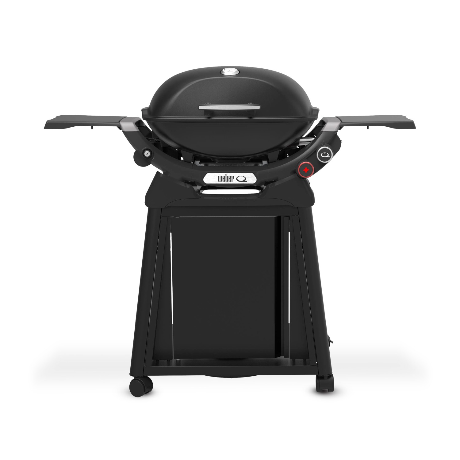 Schwarzer Weber Gasgrill Q2800N+ mit Rollwagen und Alugussgehäuse.