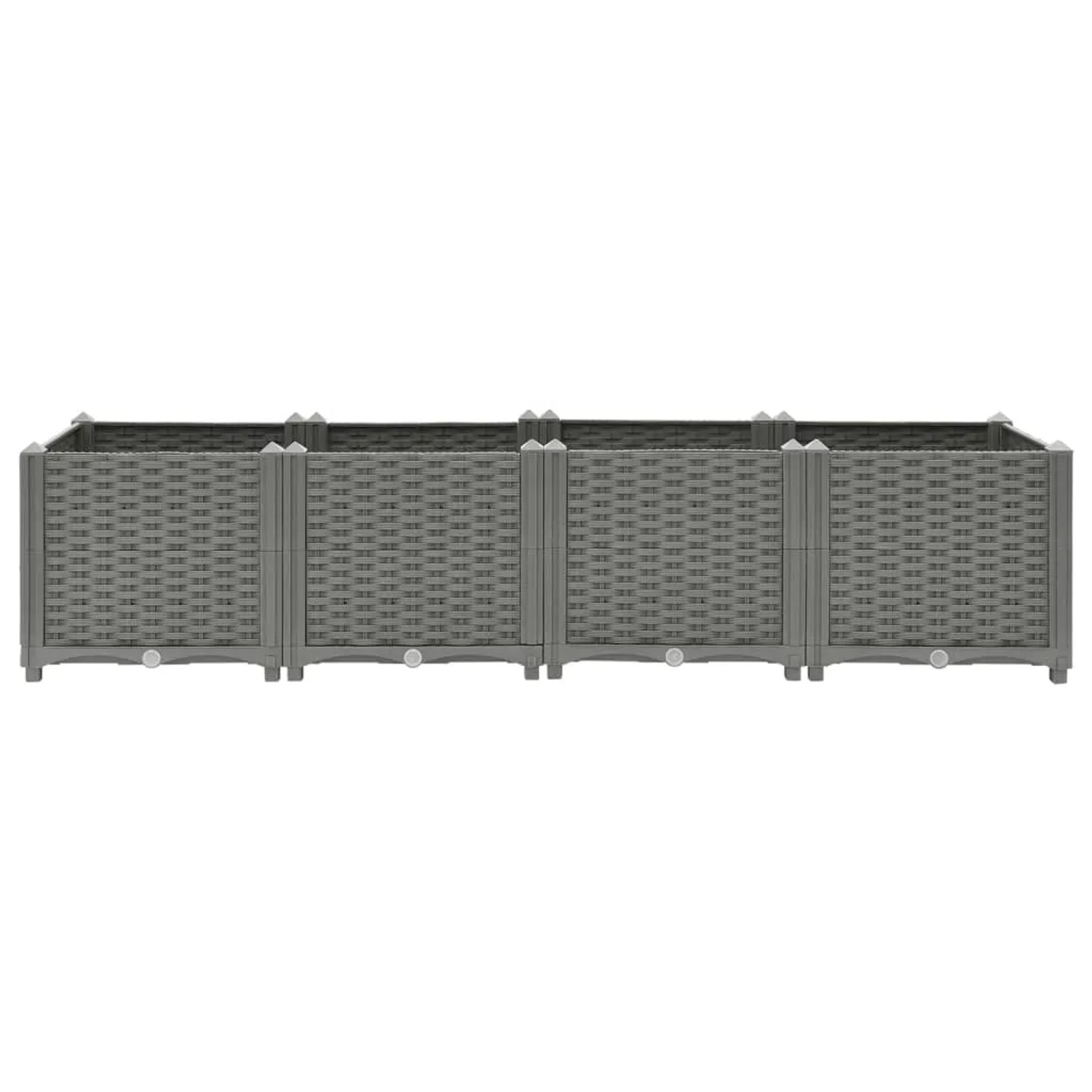 Hellgraues vidaXL Hochbeet (160x40x38 cm) aus Polypropylen in Rattan-Optik.