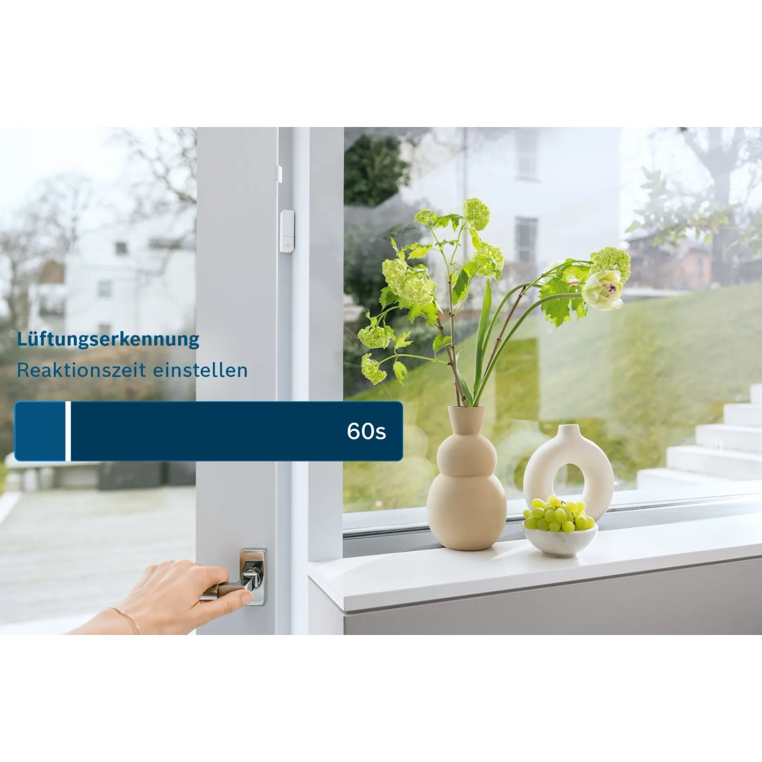 Bosch Smart Home: Fensteröffnung mit Heizungssteuerung. Lüftungserkennung und Reaktionszeit einstellbar.