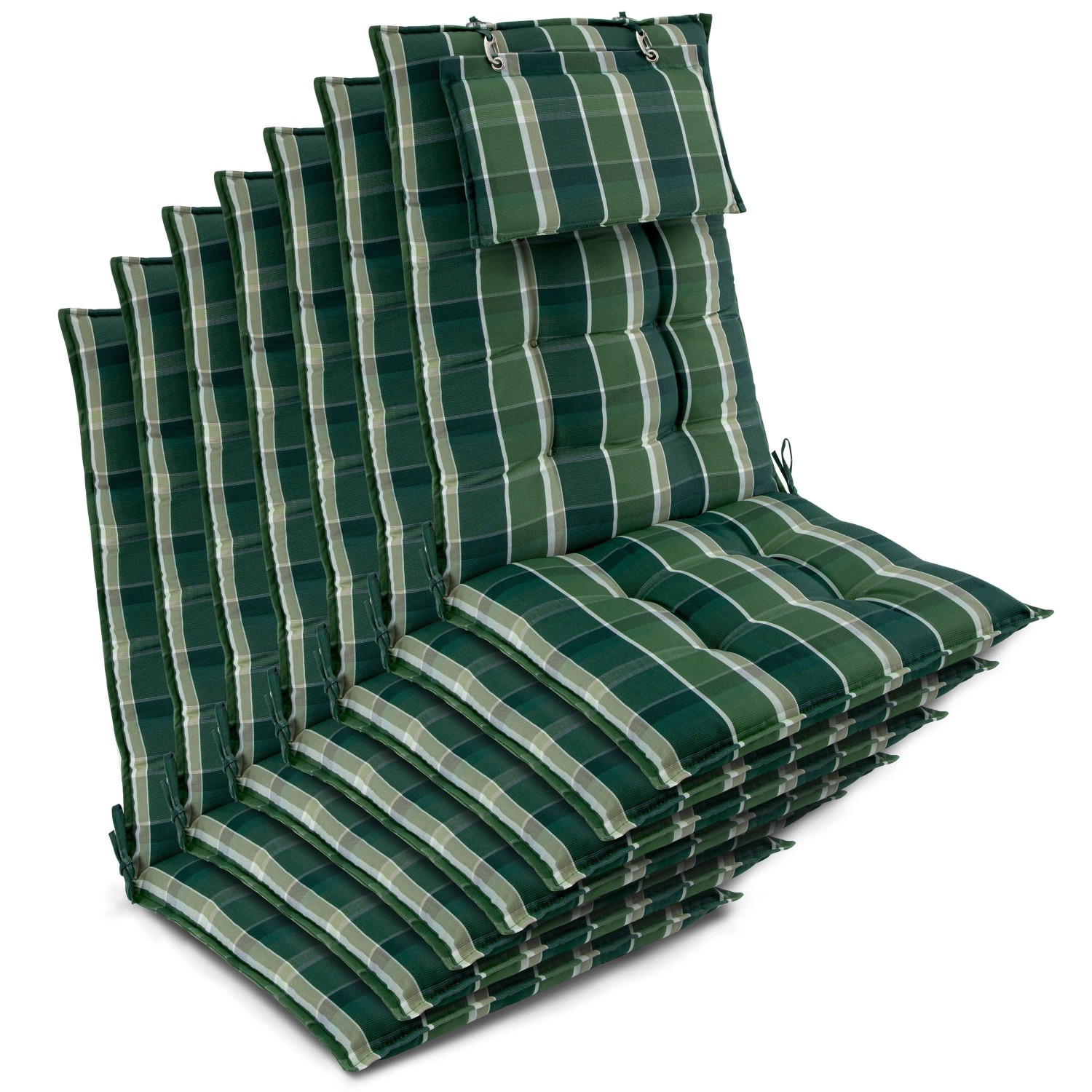 Beautissu 7er Set Sun-HL Hochlehner Auflage 120x50x8cm Grün-Kariert