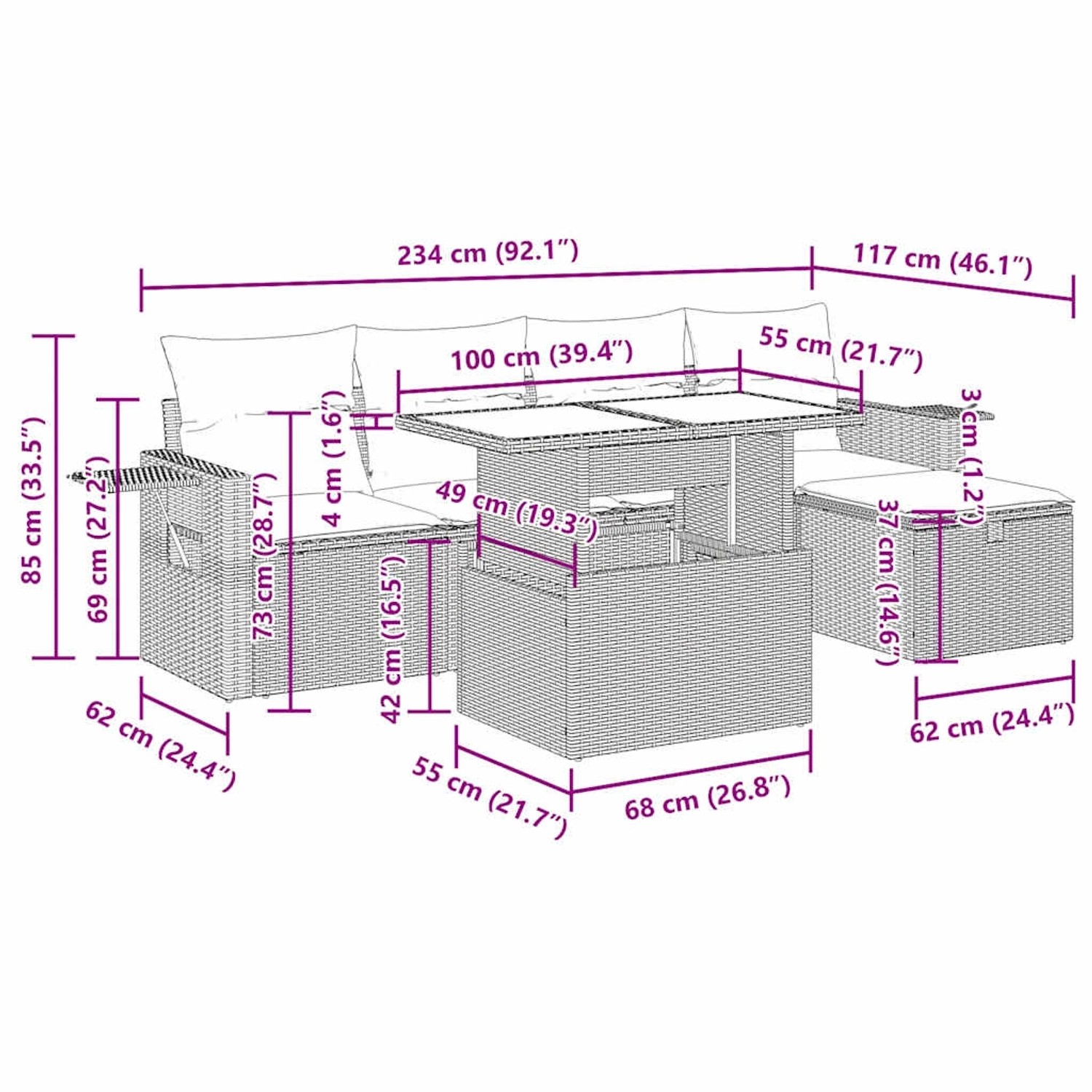 Braune 6-tlg. vidaXL Garten-Sofagarnitur aus Poly Rattan mit Kissen.