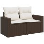 Braune vidaXL Garten-Sofagarnitur aus Rattan mit cremefarbenen Kissen.