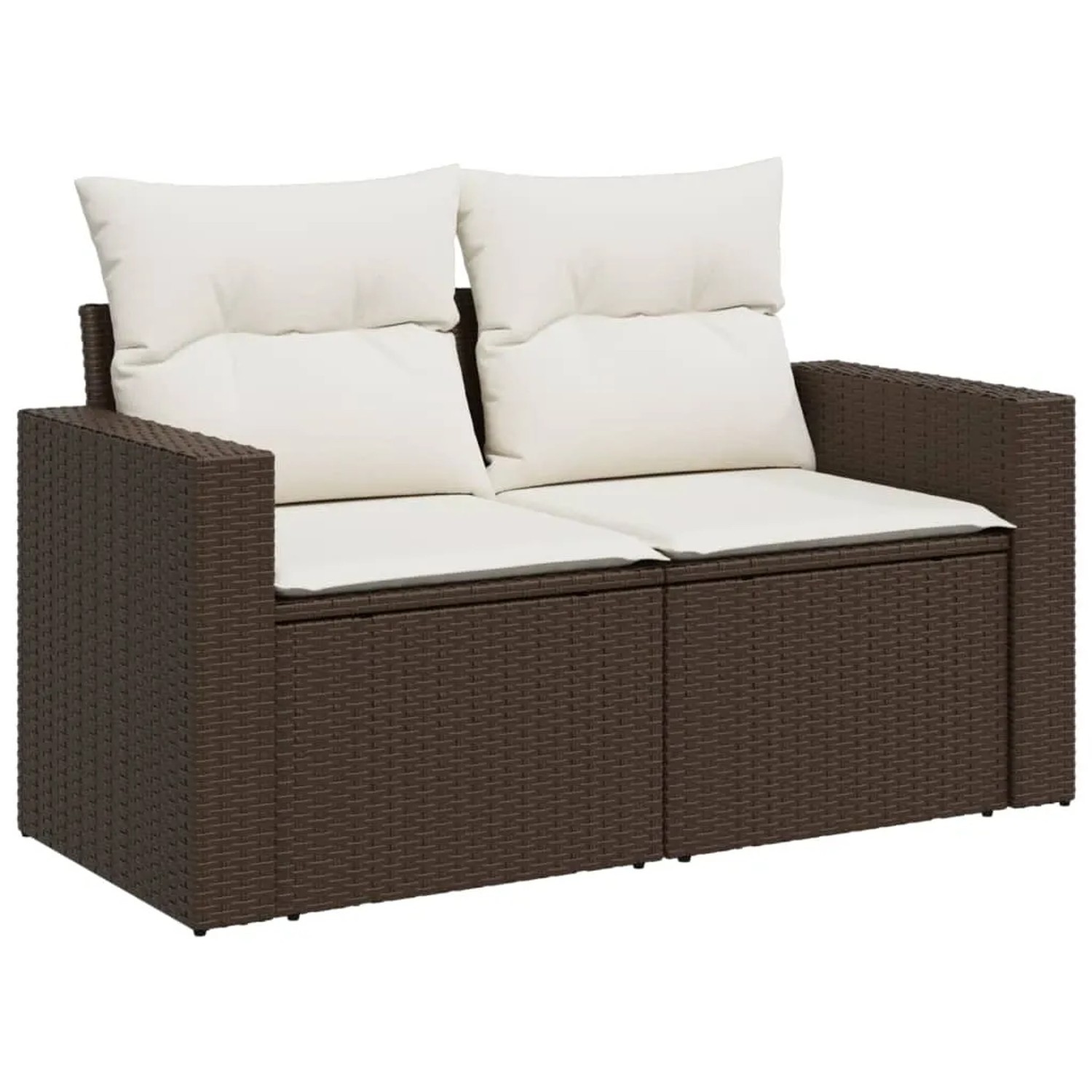 Braune vidaXL Garten-Sofagarnitur aus Rattan mit cremefarbenen Kissen.