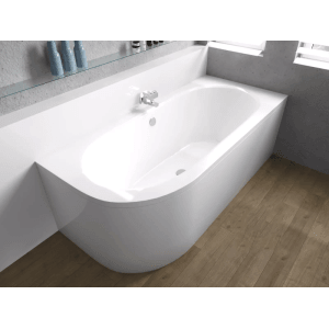 Weiße AVITA Eckbadewanne 150x75 rechts mit Acrylschürze im modernen Bad. Glänzendes Acryl, integrierter Ablauf.
