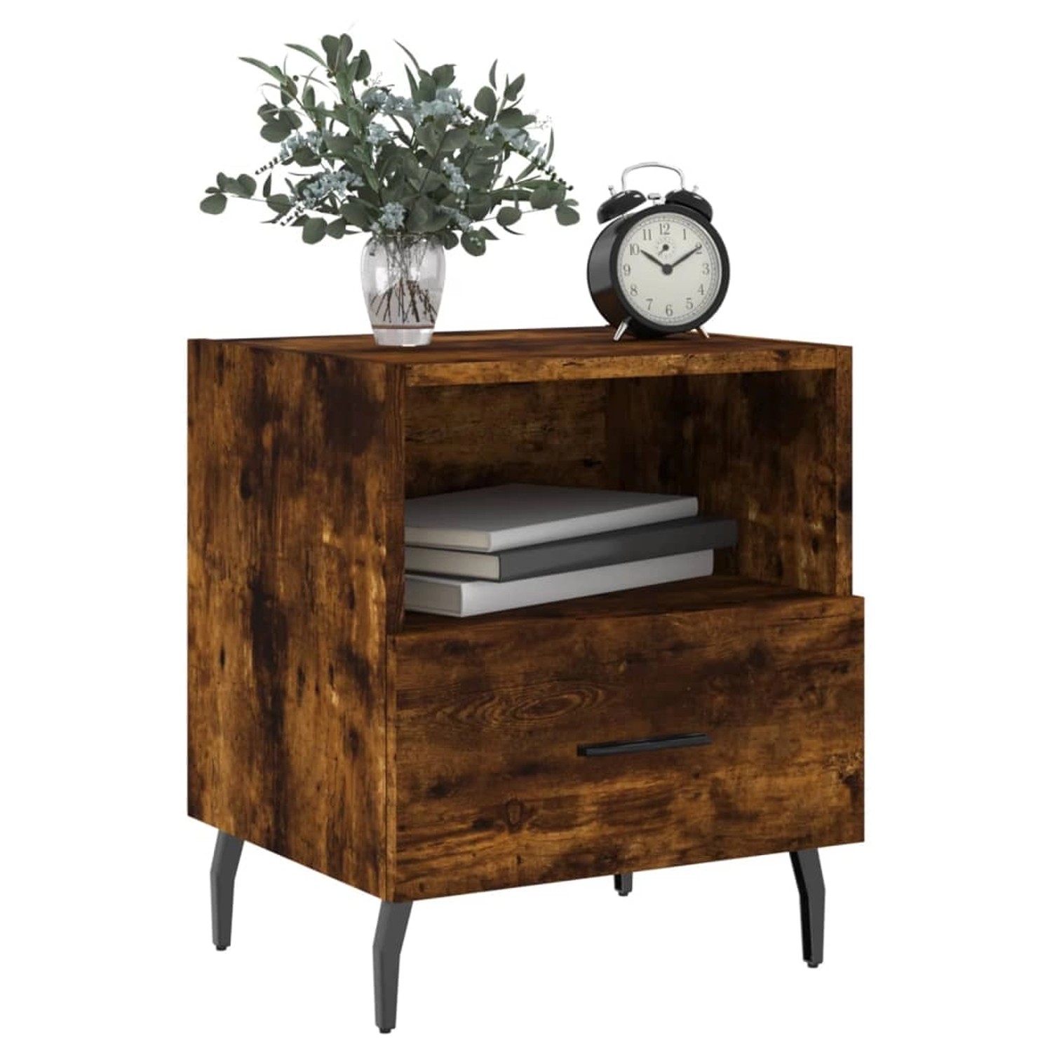 Zwei Nachttische in Räuchereiche Optik mit Schublade und Ablagefach. Dekoration nicht enthalten.