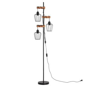 Vintage Stehlampe schwarz mit 3 E27-Drahtschirm-Leuchten und Holzakzenten. Industrial-Design Bodenlampe für Wohnzimmer.