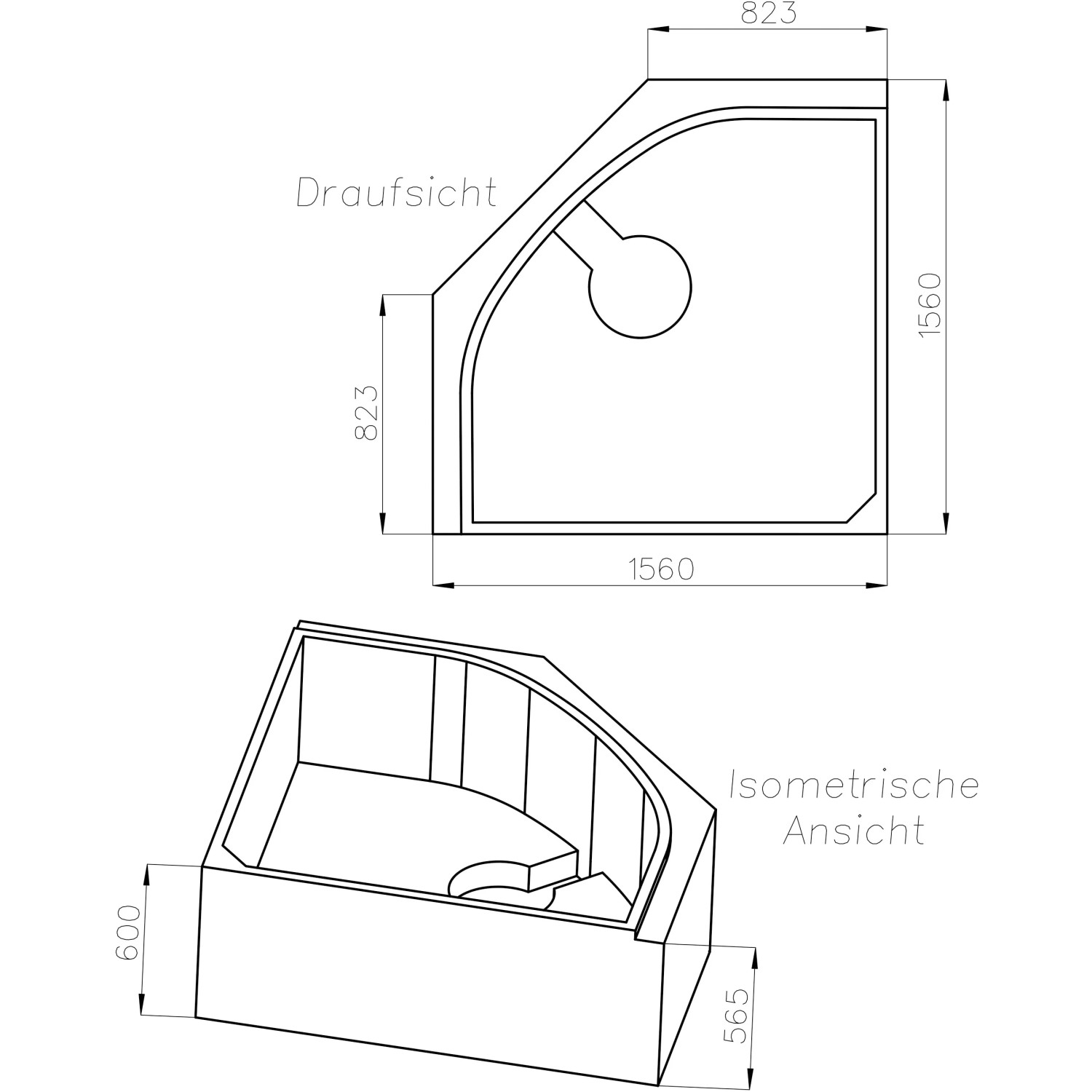Technische Zeichnung Ottofond Wannenträger Lima 150 cm, Draufsicht und isometrische Ansicht mit Maßen.