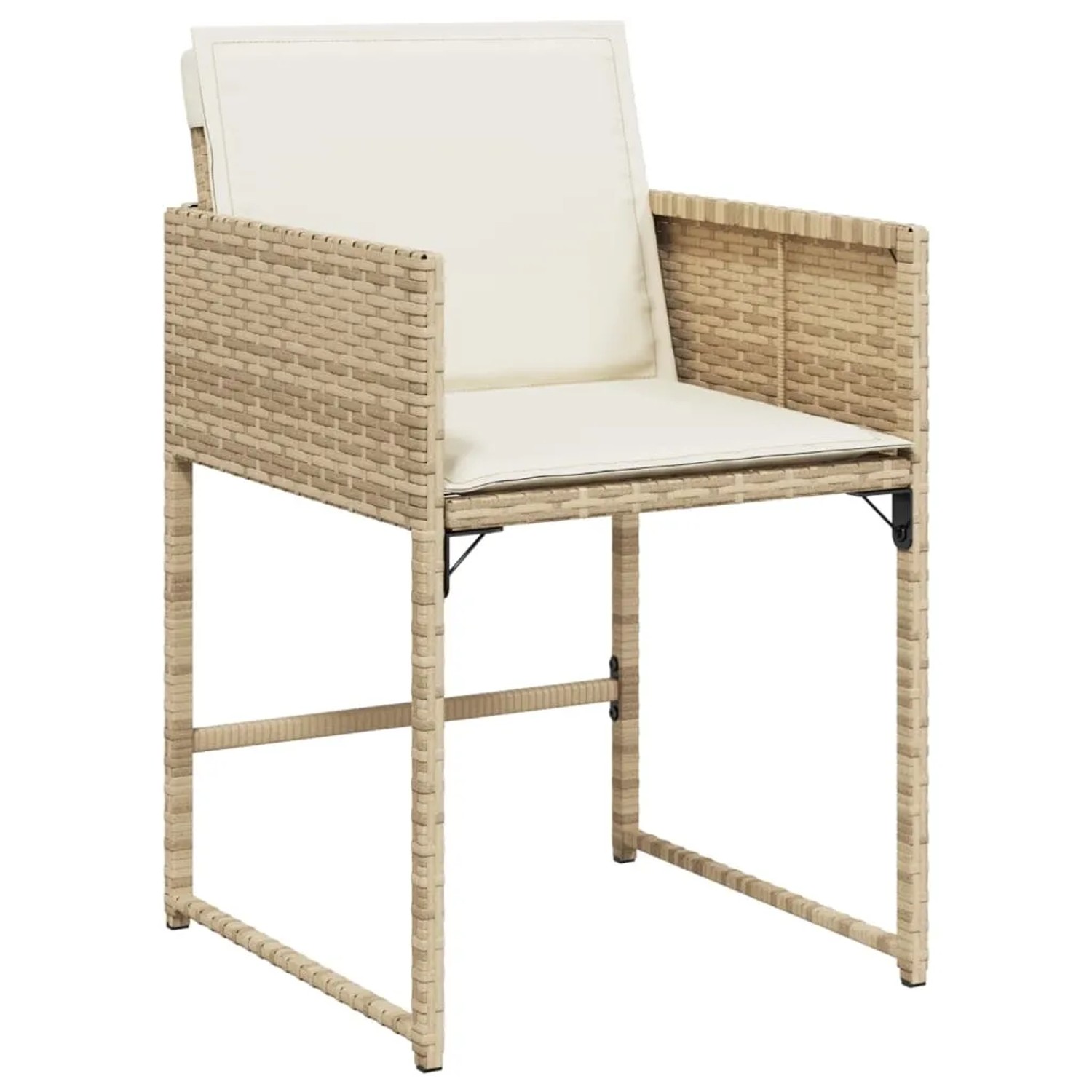 Gartenstuhl aus beigem Poly Rattan mit cremeweißen Kissen, Teil der vidaXL 9-tlg Garten-Essgruppe.