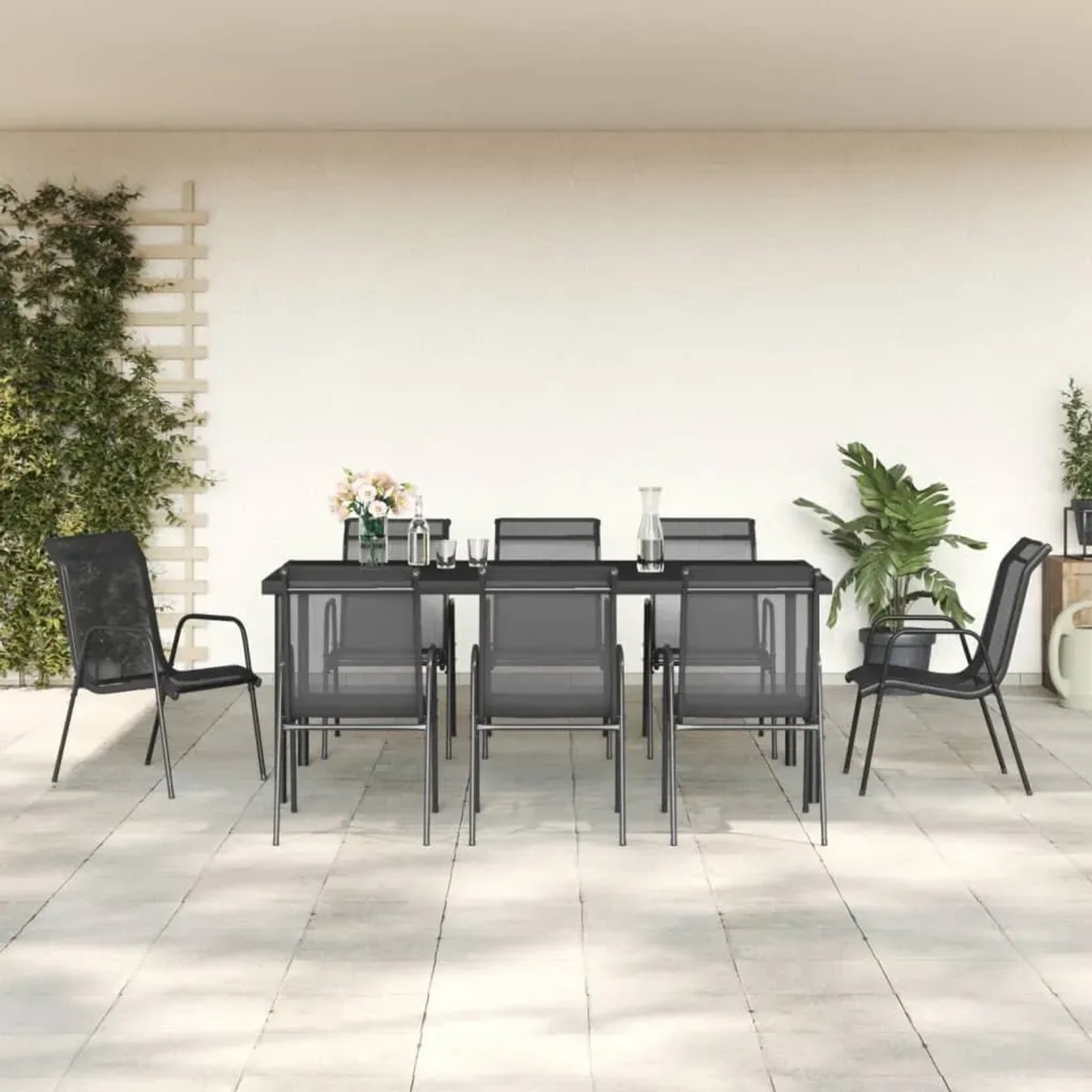vidaXL 9-tlg. Garten-Essgruppe, schwarz, Stahl/Textilene. Gartentisch mit 8 Stühlen für Terrasse und Garten.
