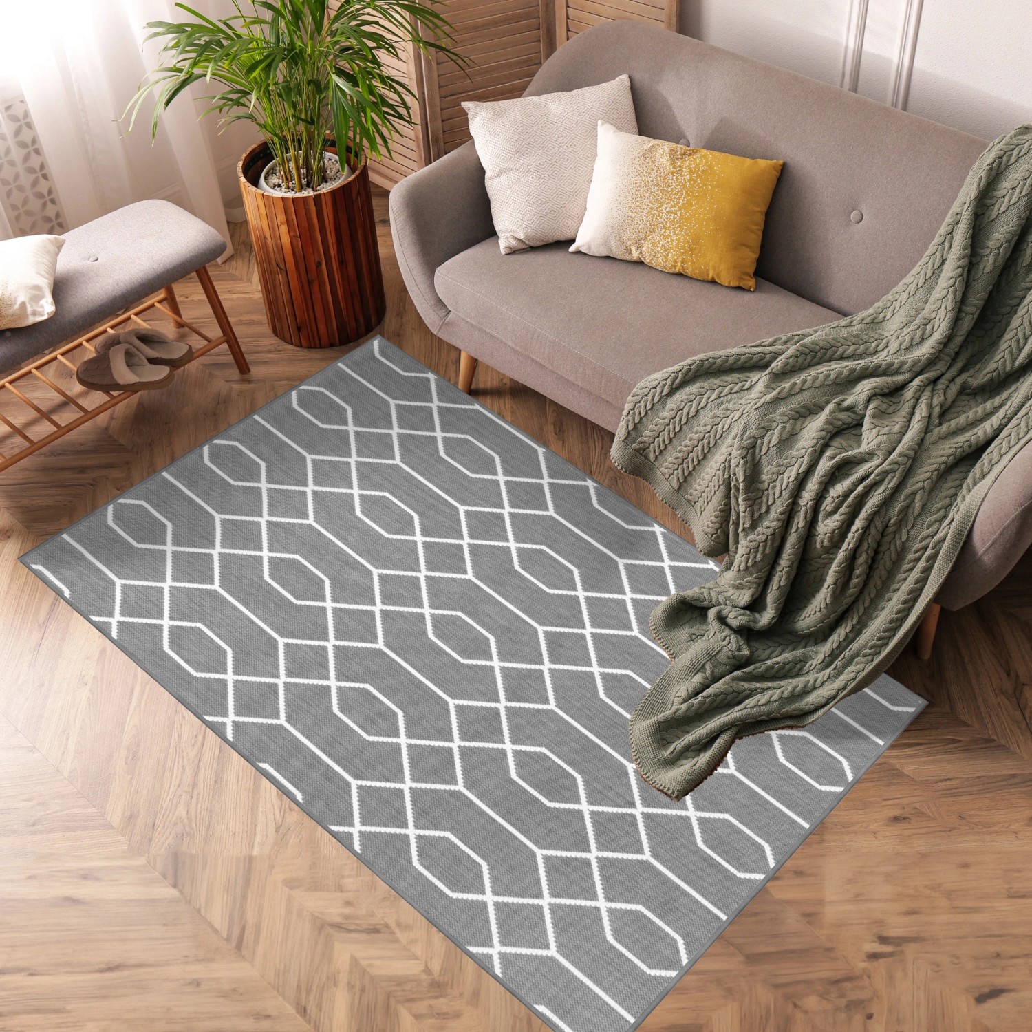 Grauer Primaflor In- und Outdoorteppich Reverso Geo River mit geometrischem Muster, 160x220 cm.