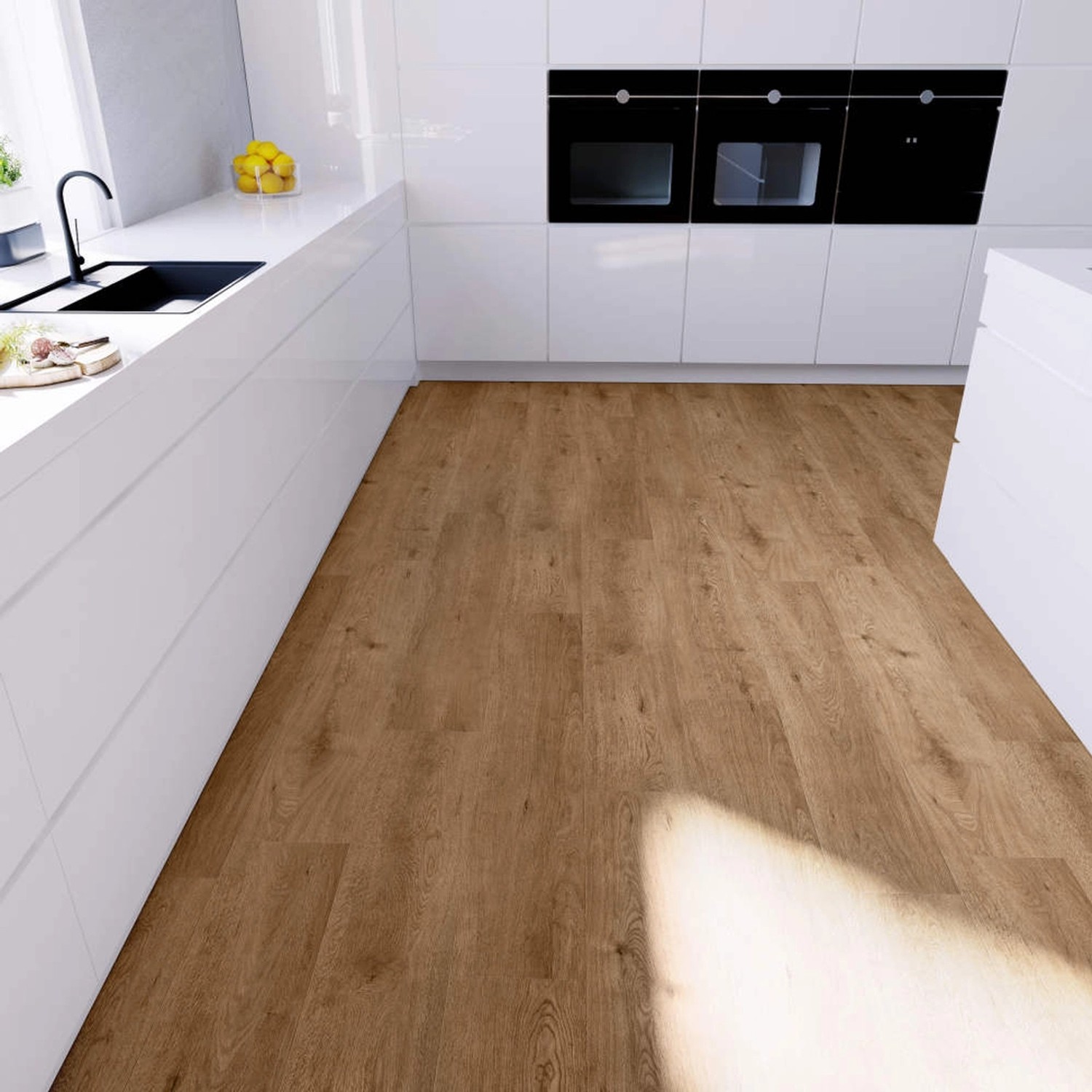 Anaturo Rigid-Vinylboden Mio 30 Click Plus Eiche Cesena in moderner, weißer Küche.
